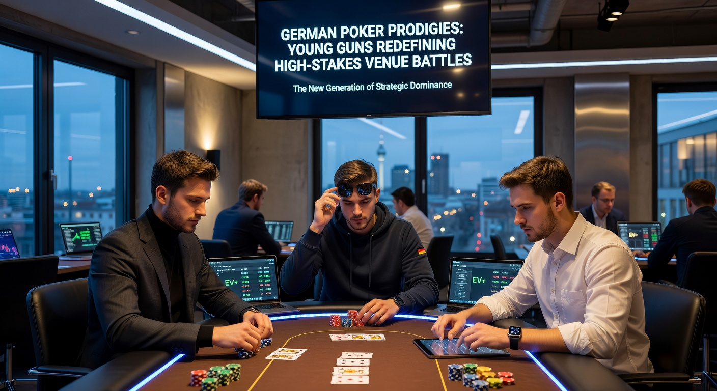 Junge deutsche Poker-Spieler am High-Stakes-Tisch in einem europäischen Casino, intensiv konzentriert auf ihre Karten
