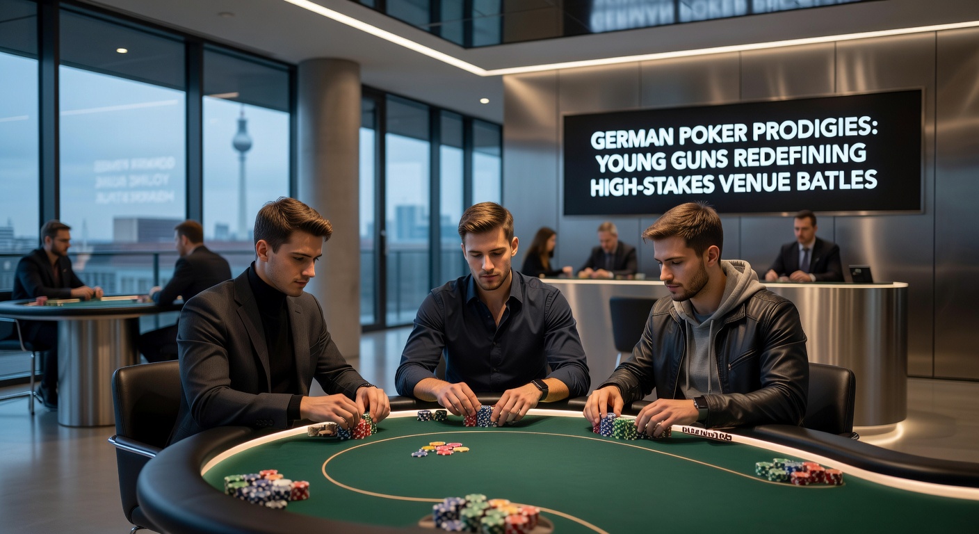 High-Stakes-Poker-Tisch in einem deutschen Casino mit jungen Spielern in action, Chips stapeln sich hoch