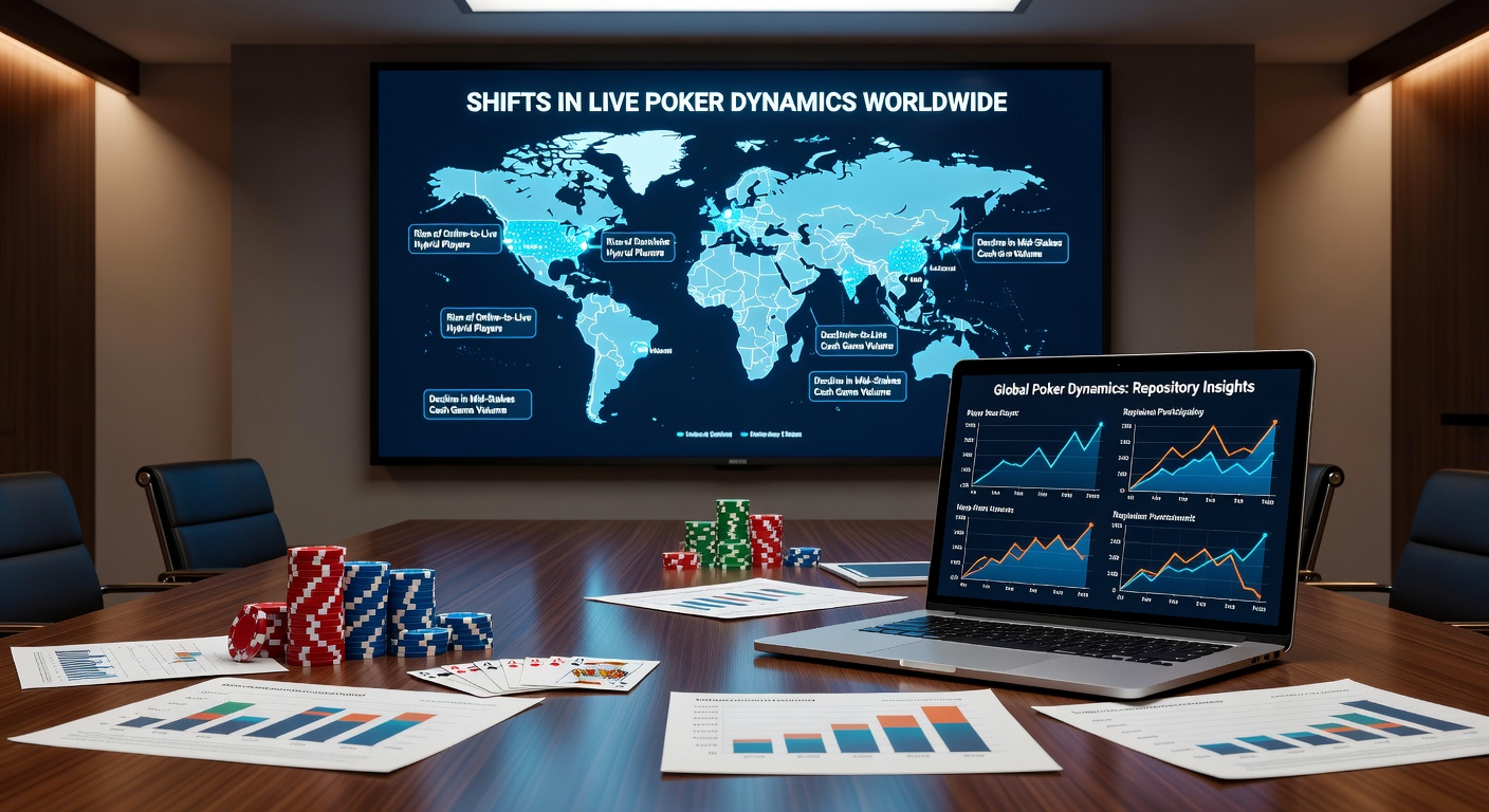 Datenvisualisierung globaler Poker-Turnierergebnisse mit Karten und Chips auf einem Tisch