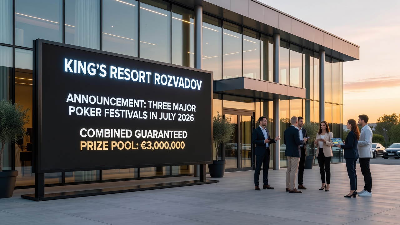 Blick auf die Turnierhalle und die Pokertische im King's Resort Rozvadov bei einem großen Event